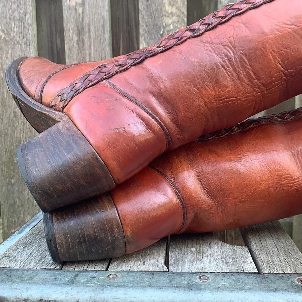 FRYE True Vintage Black Label Tall Knee High Braided Campus Brown Boots Size 7 - Picture 10 of 12